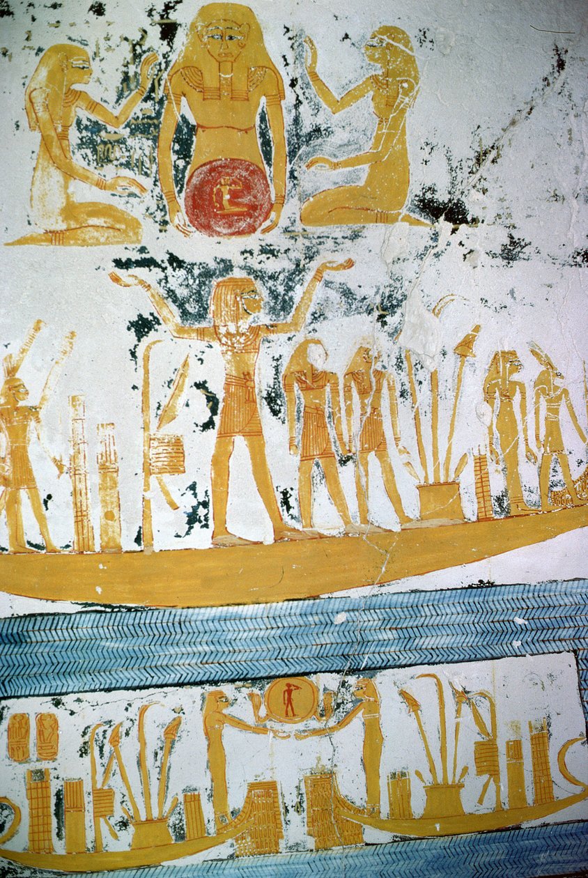 Re in the Night Boat, fra graven til Ramesses VI, New Kingdom (ca. 1145-1137 f.Kr.) (veggmaleri) av Egyptian 20th Dynasty