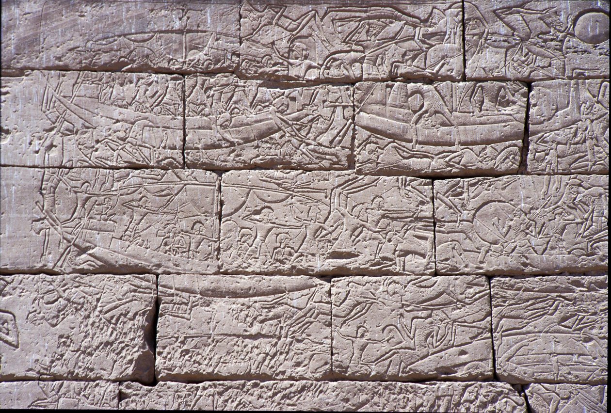 Sjøfolket, Sjøslaget ved Ramses III, Medinet Habu, stein fra 1195–64 f.Kr. av Egyptian 20th Dynasty