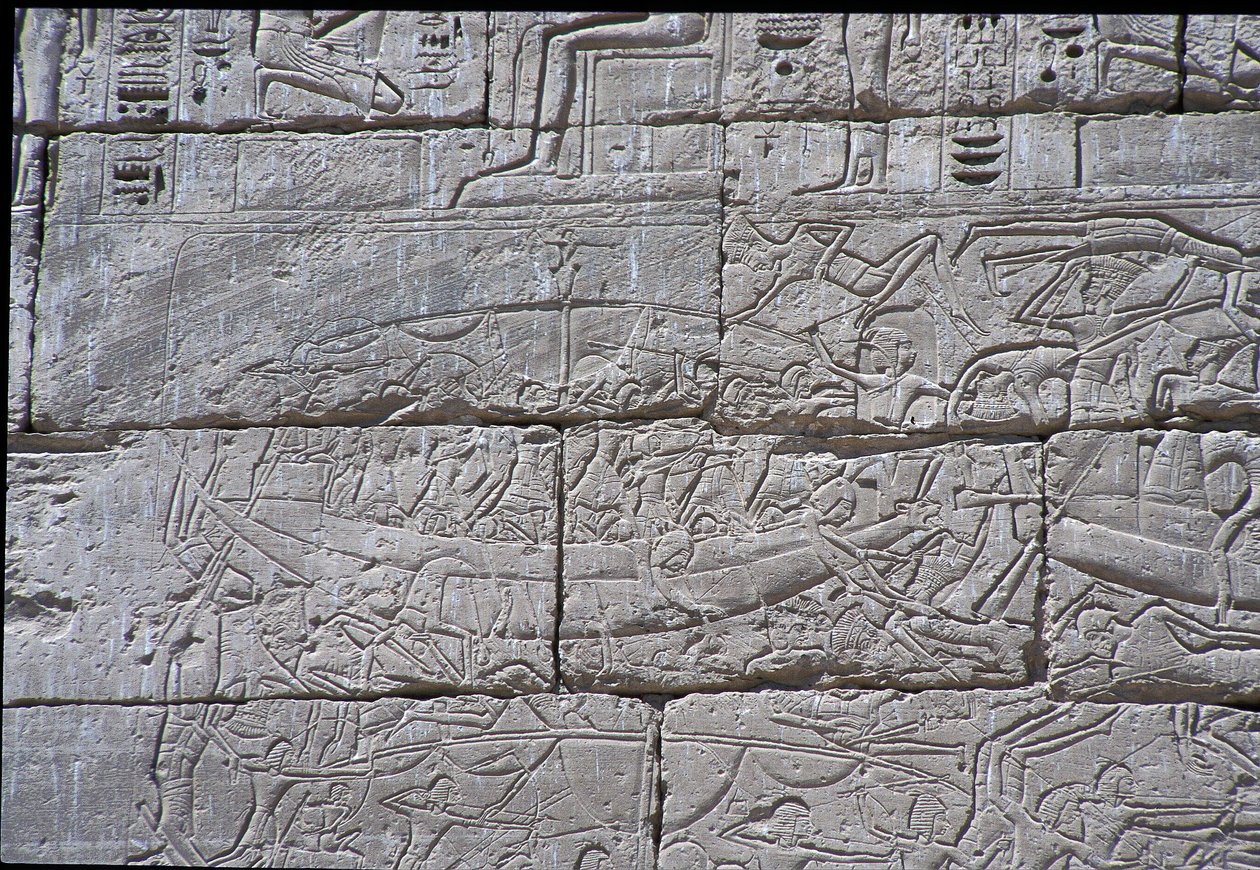 Sjøfolket, Sjøslaget ved Ramses III, Medinet Habu, stein fra 1195–64 f.Kr. av Egyptian 20th Dynasty