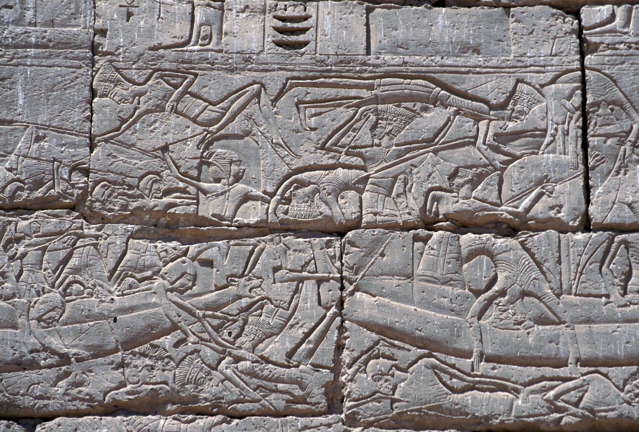 Sjøfolket, Sjøslaget ved Ramses III, Medinet Habu, stein fra 1195–64 f.Kr. av Egyptian 20th Dynasty