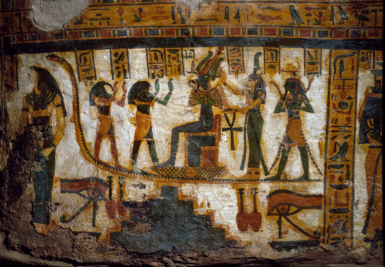 Art of Egypt: Osiris mottar hyllest fra fire guddommer: Thot, Maat, Heka (Heqat eller Heqa) og Harsiesi. En av gudene har nøkkelen til livet i form av et kors ansee (Ankh). Nedenfor to representasjoner av øyet oudjat (Horus øye) Dekor av th av Egyptian 21st Dynasty