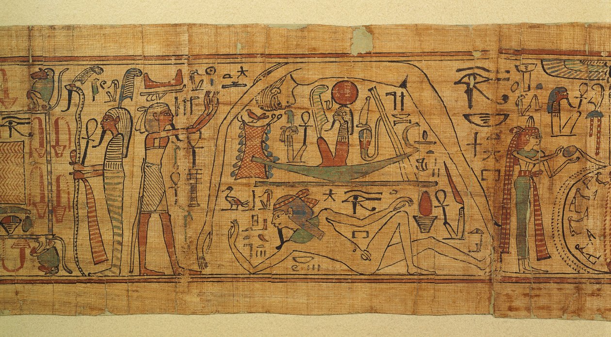 Bok med mytologiske bilder av Nespakachuty, separasjonen av himmel og jord med solbåten av Egyptian 21st Dynasty