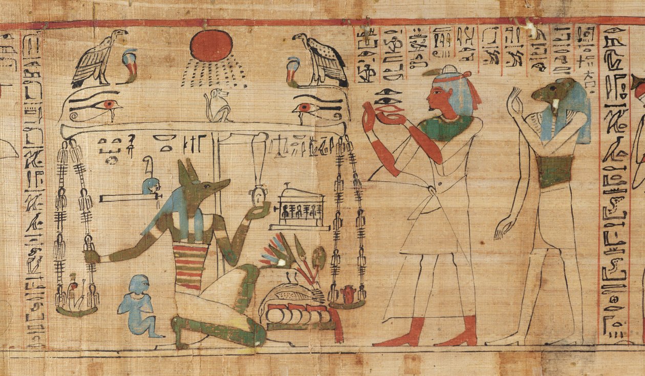 Detalj fra de dødes bok til presten Aha-Mer som viser Anubis som veier hjertet til den avdøde mot sannhetens fjær (papyrus) av Egyptian 21st Dynasty