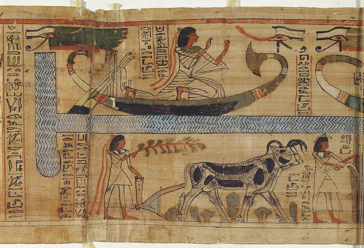 Detalj fra boken om de døde til presten Aha-Mer som viser en bark og en jordbruksscene, tredje mellomperiode (papyrus) av Egyptian 21st Dynasty
