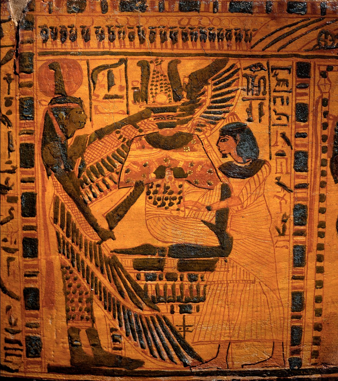 Egyptisk antikke: "" Den nedlagte møtt av Devinite Maat"" Detalj av sarkofagen til den skriftlærde Butehamon. 3. mellomperiode. 21. dynasti. 990-970 f.Kr. Fra Theben. Dim. 211 cm Torino, egyptisk museum av Egyptian 21st Dynasty