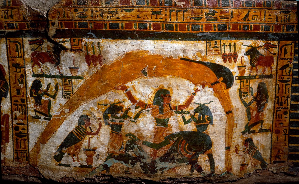 Egyptisk antikvitet: sarkofag av malt tre av Boutehamon (Butehamon), kongelig skriver. Fra Theben. 21. dynasti. 990-970 f.Kr. Detalj som representerer skapelsen av verden. Torino, egyptisk museum av Egyptian 21st Dynasty