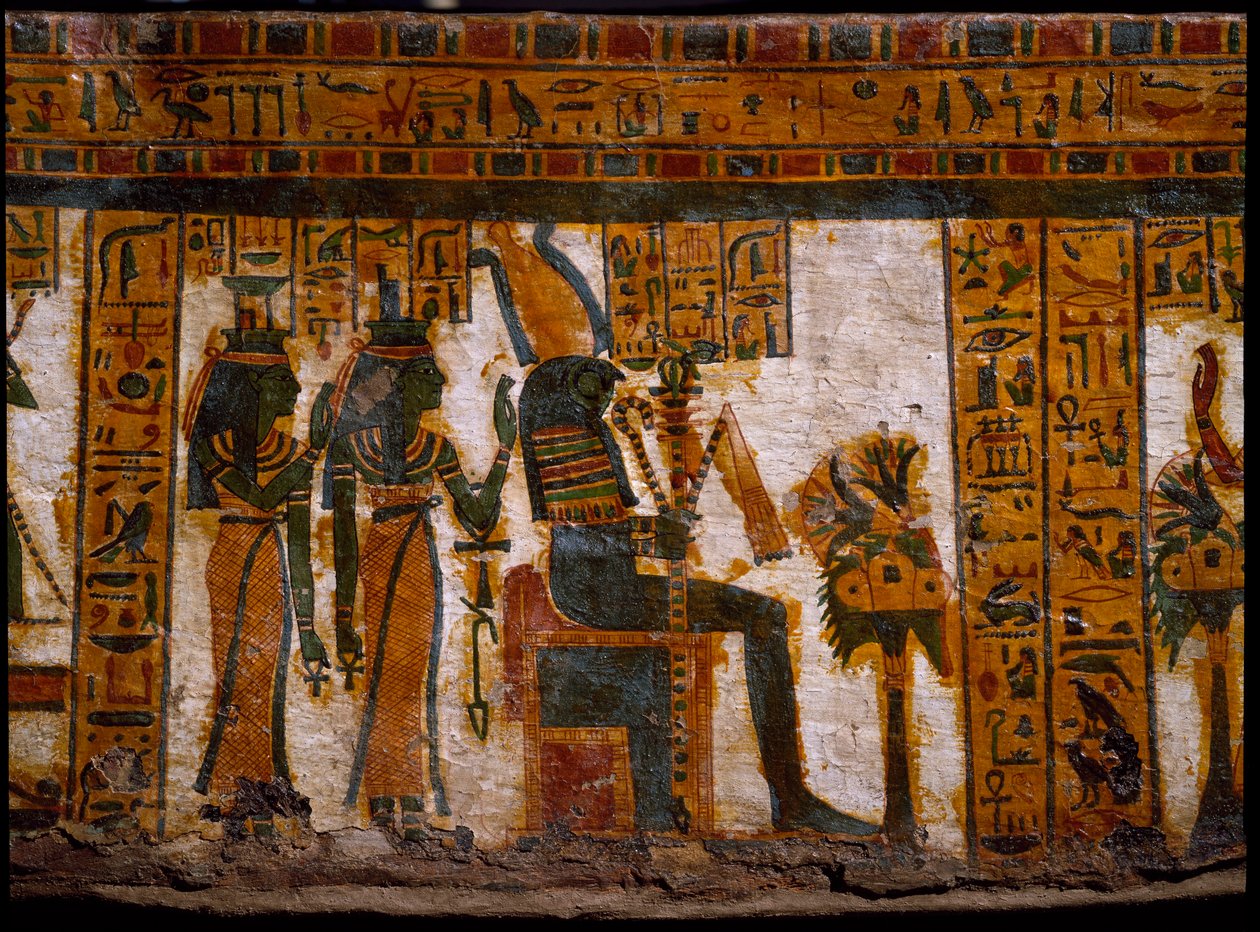 Egyptisk antikvitet: guddommene Isis og Nephtys som tilber Osiris. De har livets nøkler i form av et kors ansee (Ankh). Dekor av den antropoide sarkofagen til skriveren Butehamon, 21. dynasti (1085-935 f.Kr.). Museum of Egypt i Torino (Tori av Egyptian 21st Dynasty