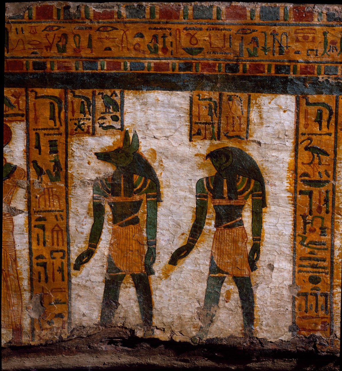 Egyptisk antikvitet: begravelsesgeniene Douamoutef og Kebehsenouf (eller Qebehsenouf). dekorasjon av den antropoide sarkofagen til skriveren Butehamon, 21. dynasti (1085-935 f.Kr.). Museum of Egypt i Torino (Torino, Museo Egizio) av Egyptian 21st Dynasty