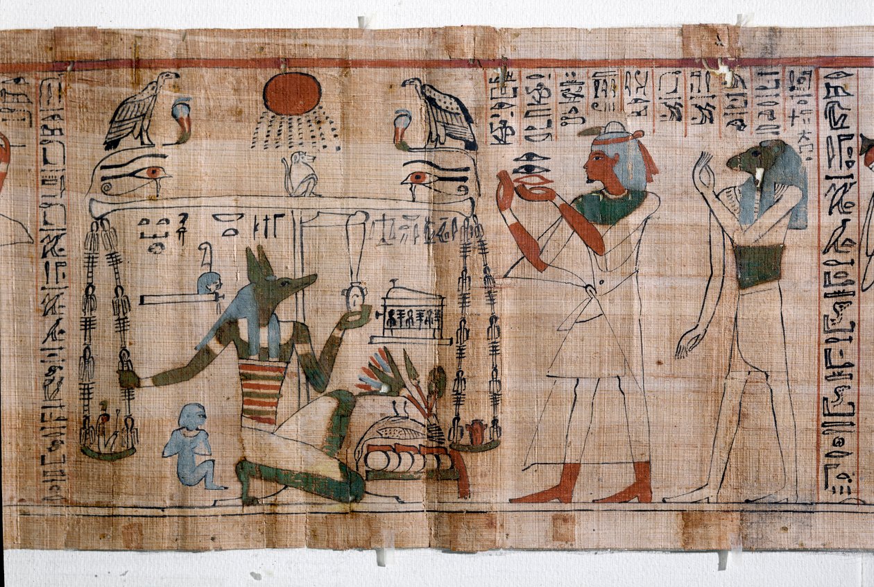 Egyptiske antikviteter: psykostasi (veiende sjeler). papyrus av en dødebok. Papyrus fra det 21. dynastiet av Egyptian 21st Dynasty