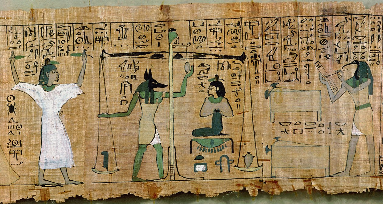 Begravelsespapyrus av Djedkhonsouefankh som skildrer dommen til den avdøde, tredje mellomperiode (papyrus) av Egyptian 21st Dynasty