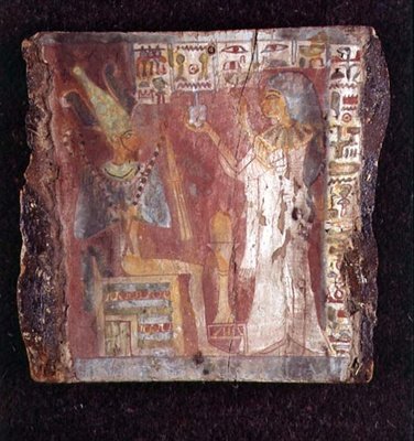 Interiør av sarkofagen til sangeren, Toarnemiherti, som viser den avdøde som ofrer røkelse til Osiris på tronen, tredje mellomperiode (malt stein) (se også 107960) av Egyptian 21st Dynasty