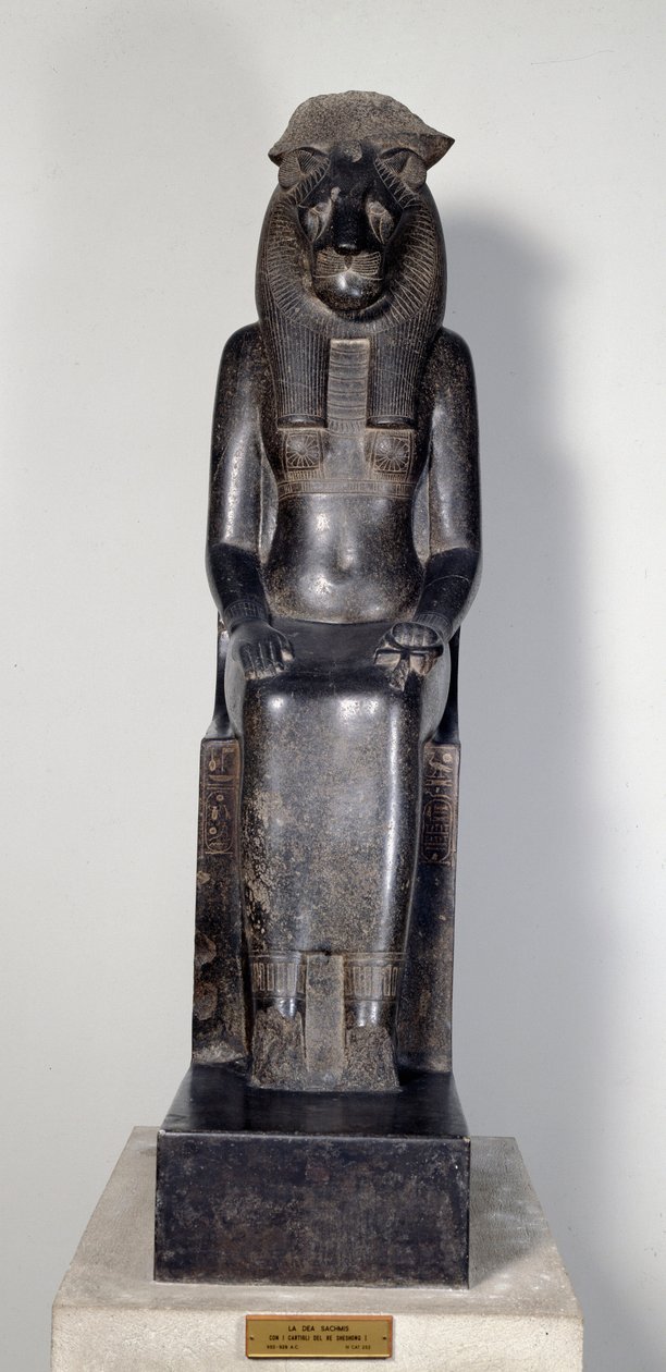 Egyptisk antikvitet: løvinneguden Sekhmet med patronen til kong Sheshonq I. Statue av svart granitt. 950-929 f.Kr. Torino, egyptisk museum av Egyptian 22nd Dynasty