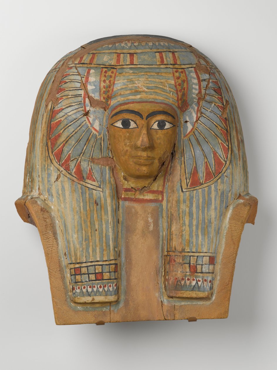 Ansikt fra et kistelokk av tre, ca. 945-715 f.Kr. (tre med gesso og maling) av Egyptian 22nd Dynasty