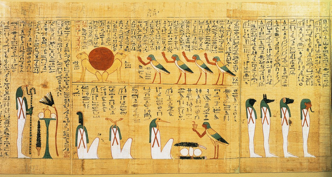 Mytologisk papyrus av Imenemsauf, hovedbærer av Amon. Detalj: hymne til solen avbildet som to løver av Egyptian 22nd Dynasty