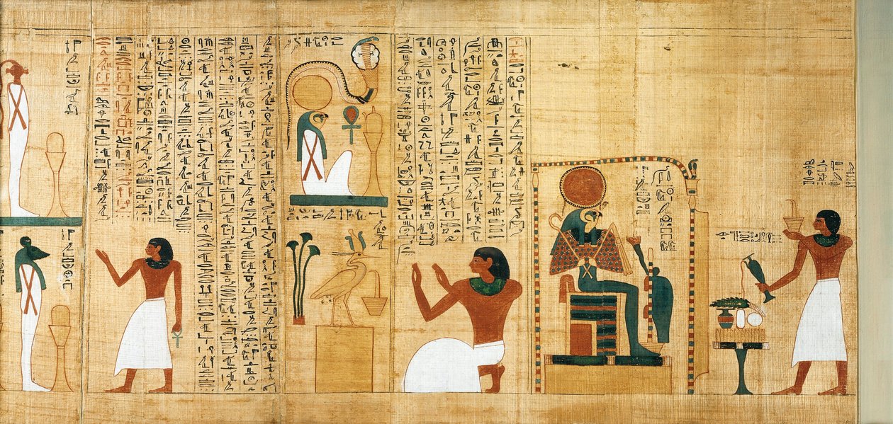Mytologisk papyrus av Imenemsauf, hovedbærer av Amon. Detalj: røkelse og libations til ære for Ra-Harakhti av Egyptian 22nd Dynasty
