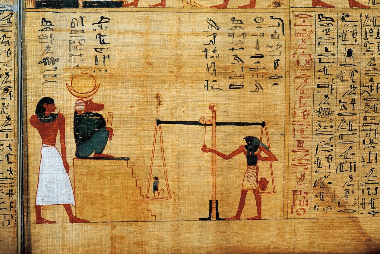 Mytologisk papyrus av Imenemsauf, hovedbærer av Amon. Detalj: veiing av sjelen foran bavianguden Thoth av Egyptian 22nd Dynasty