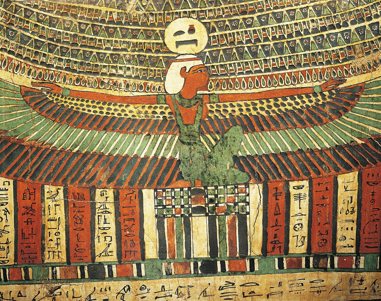 Pusset og malt tre som viser gudinnen Nøttbeskyttende dør som fører til livet etter døden, fra Sarcophagus of Tashakheper, Theben av Egyptian 26th Dynasty