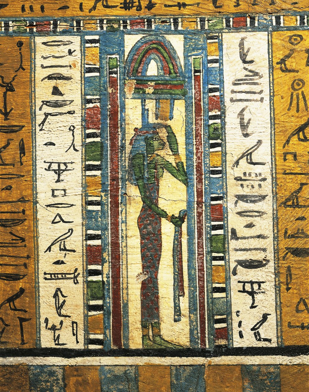 Pusset og malt trepanel som viser gudinnen Isis, fra Sarcophagus of Usai, Theben av Egyptian 26th Dynasty