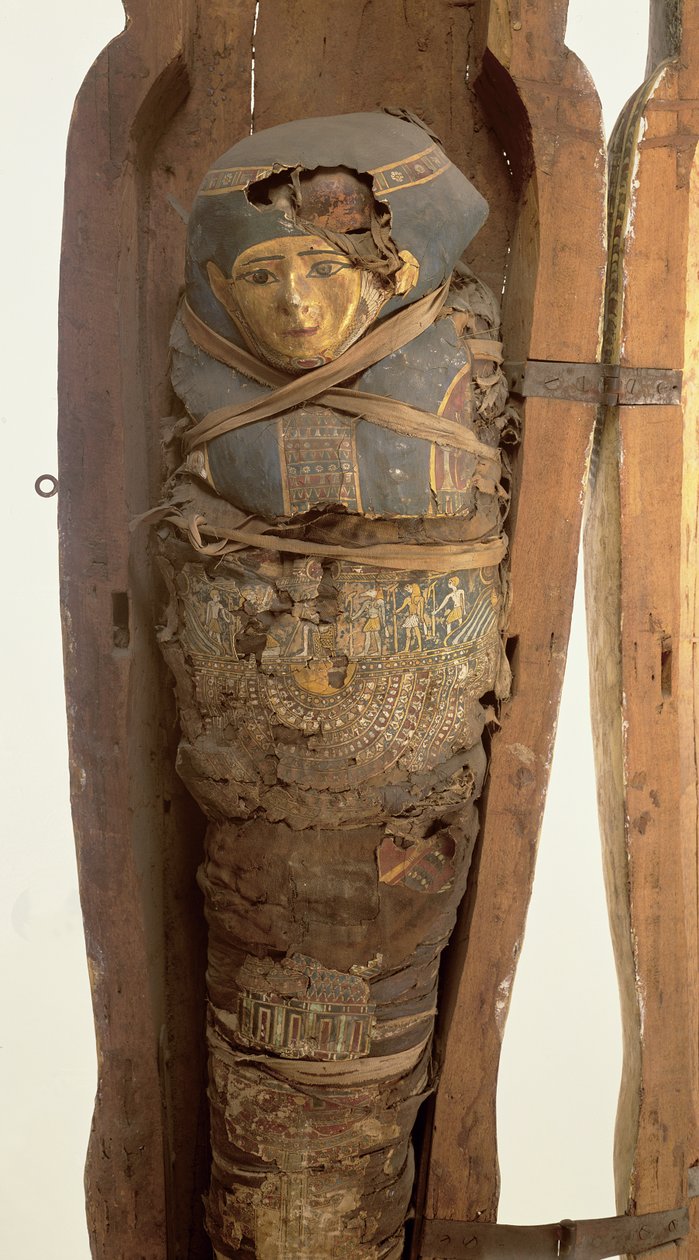 Sarkofag og mumifisert kropp av Psametik I (664-610 f.Kr.) Sen periode av Egyptian 26th Dynasty