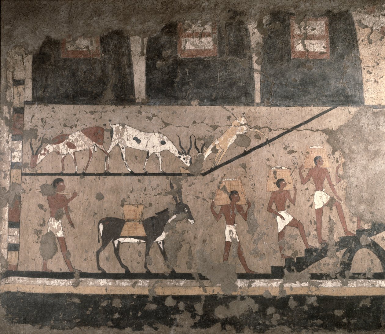 Landbruksscene, veggmaleri fjernet fra Mastaba of Ti ved Sakkara, Old Kingdom, ca. 2494-2345 f.Kr. (malt kalkstein) av Egyptian 5th Dynasty