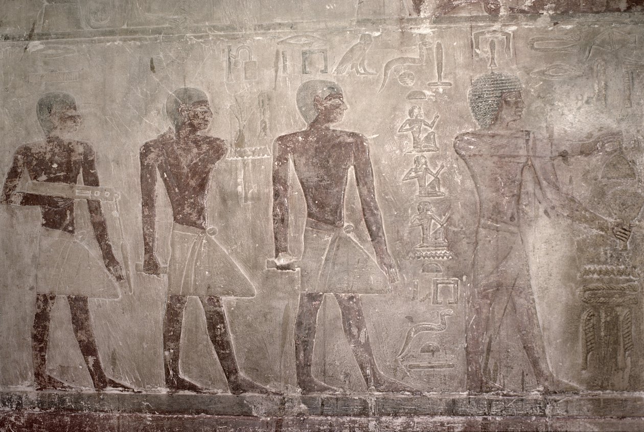 Håndverkere fra sørveggen til Mastaba Chapel of Ti, Old Kingdom (veggmaleri) av Egyptian 5th Dynasty