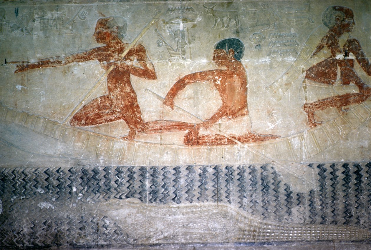 Fiskere og en krokodille fra nordveggen til Mastaba Chapel of Ti, Old Kingdom (veggmaleri) av Egyptian 5th Dynasty