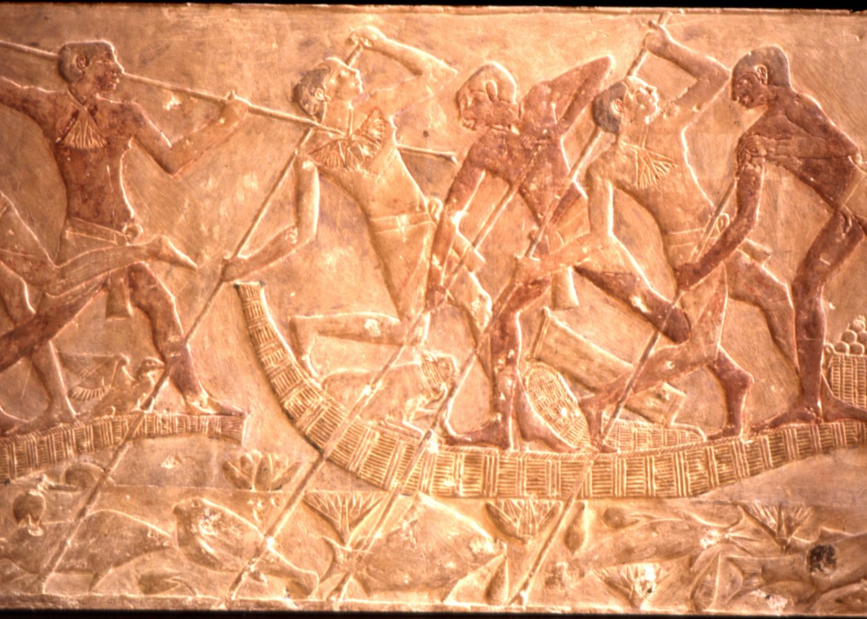 Menn som spyr fisk fra Papyrus-båt, Ptah-Hotep-graven, 5. dynasti (bilde) av Egyptian 5th Dynasty