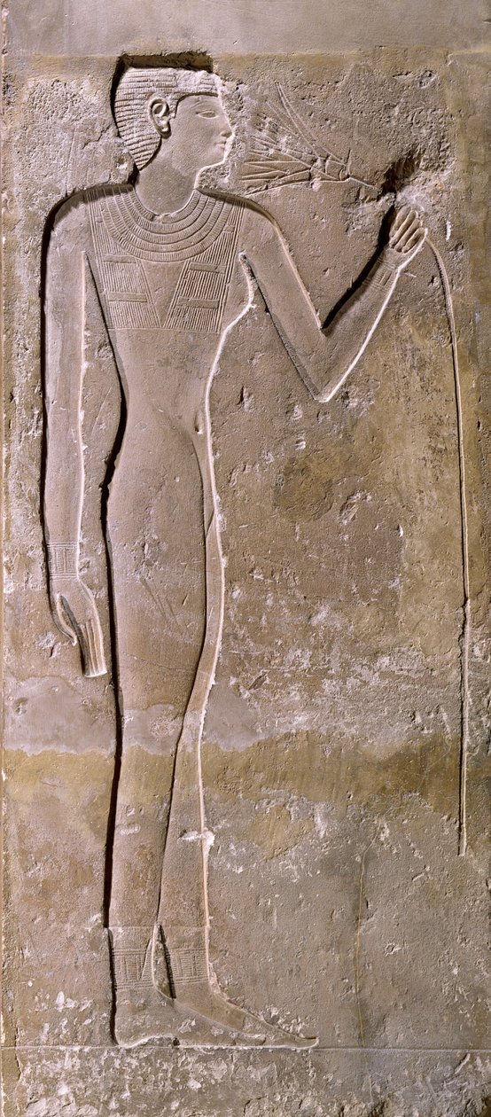 Søyle som viser en kvinne som lukter en lotusblomst, Old Kingdom, 2423–2263 f.Kr. av Egyptian 5th Dynasty