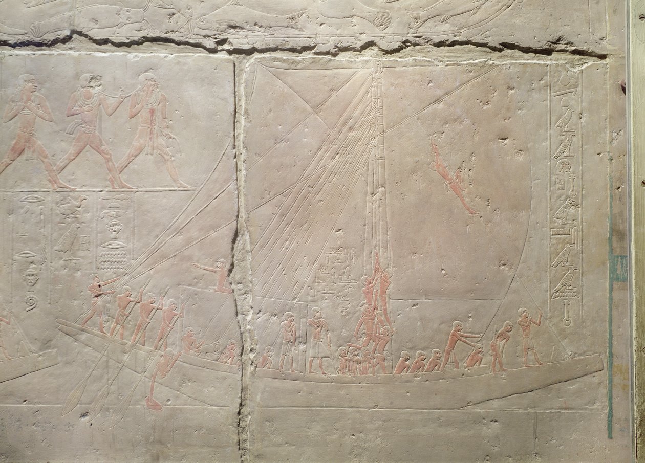 Relieff som viser en båtreise, fra Mastaba of Akhethotep, Old Kingdom, ca. 2400 f.Kr. (malt kalkstein) av Egyptian 5th Dynasty