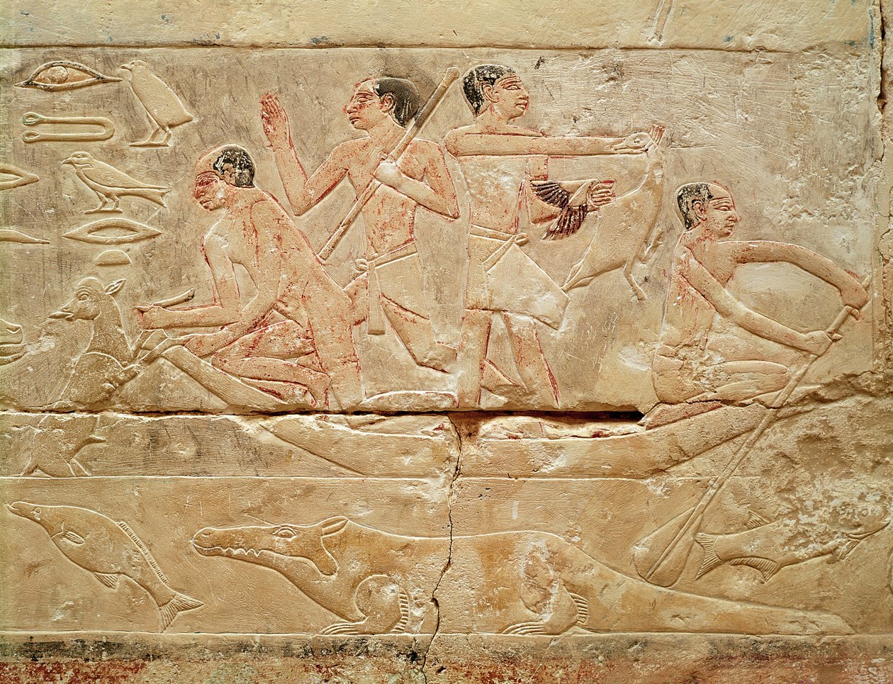 Relieff som viser menn i en båt, fra graven til prinsesse Idut, Old Kingdom, ca. 2330 f.Kr. (malt kalkstein) av Egyptian 6th Dynasty