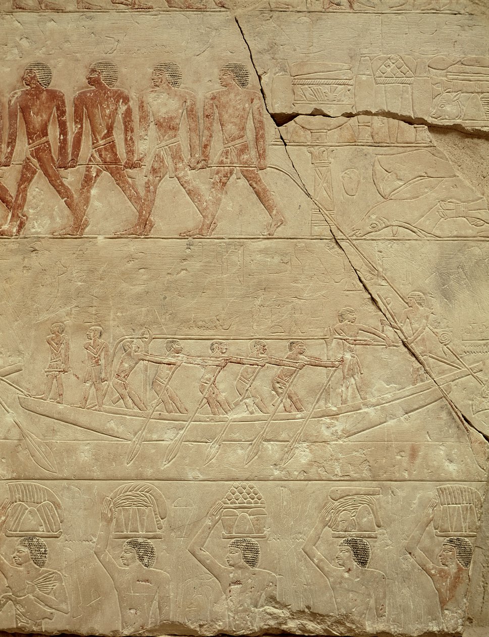 Tauing av en båt, fra Mastaba of Mereruka, Old Kingdom (malt kalkstein) av Egyptian 6th Dynasty