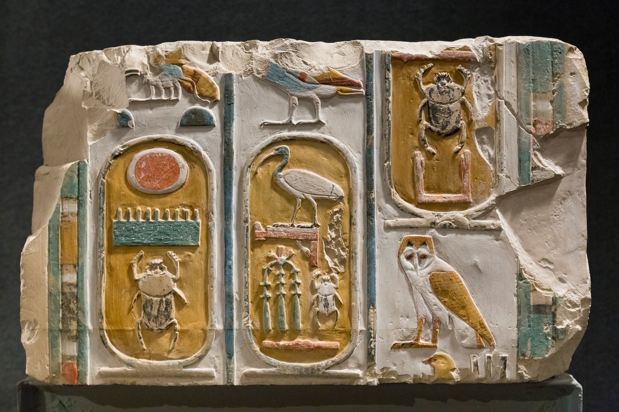Utskåret vegg som representerer tre kartusjer av kong Thutmosis I og III av Egyptian Egyptian