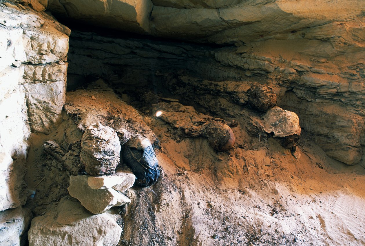 Detalj av grav nr. 49, Valley of Golden Mummies, Bahariya Oasis, Giza, Egypt. Egyptisk sivilisasjon av Egyptian Egyptian