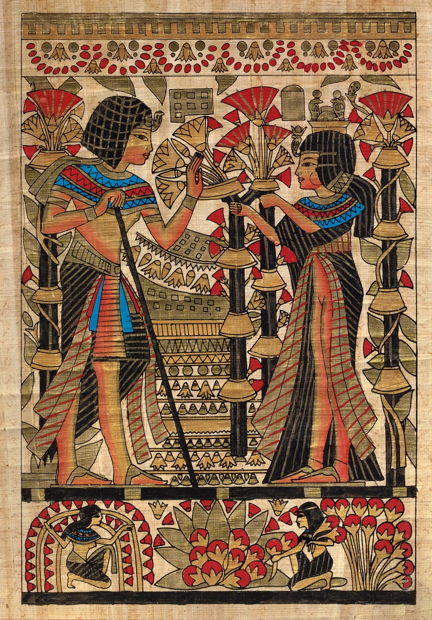 Egyptisk kunst, egyptisk papyrus: Farao og hans kone, Coll, del av Egyptian Egyptian