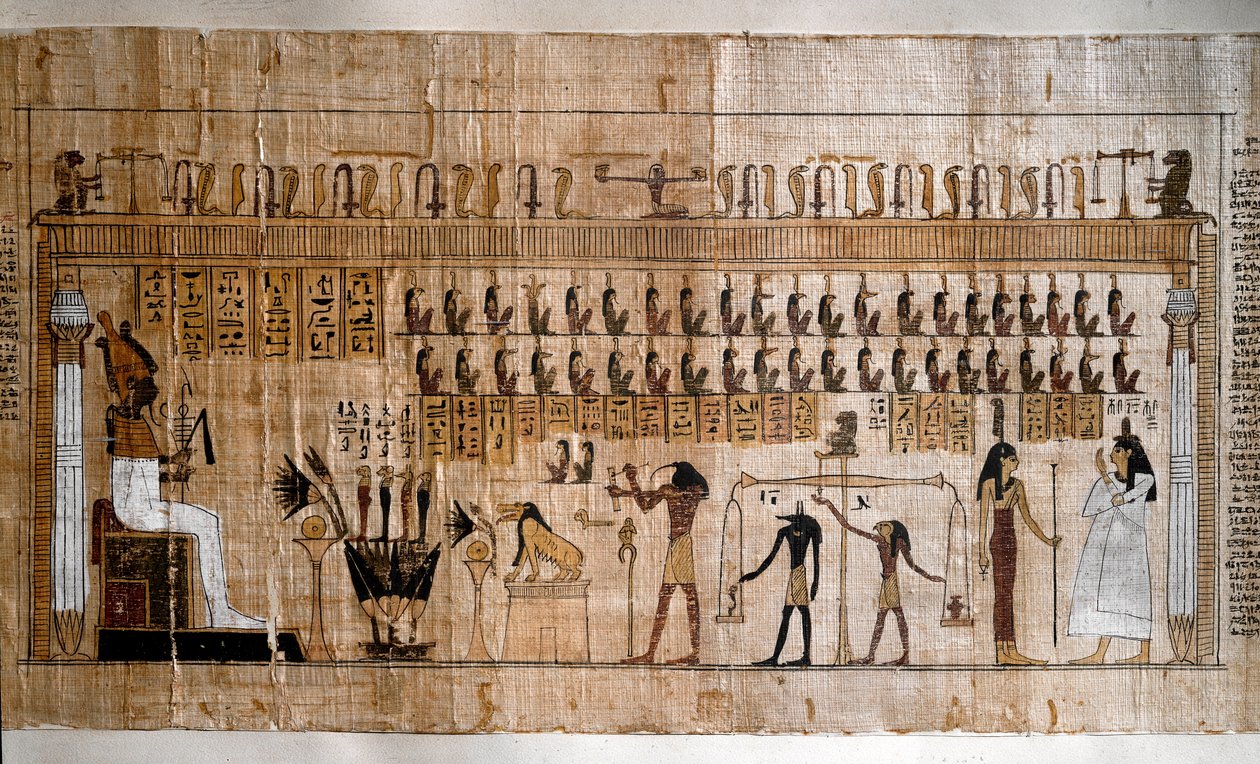 Egyptisk antikvitet: veiing av sjeler (psykostase). Papyrus av en dødebok. Torino, egyptisk museum - Det gamle Egypt: veiing av sjelene (psykostasi). Papyrus fra de dødes bok. Egyptisk museum, Torino, Italia av Egyptian Egyptian