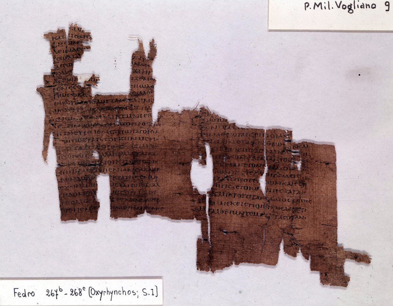 Litterær Papyrus: «Phedrus» av Platon (-428; -348), gresk filosof. Universitetet i Milano, Institutt for papyrologi av Egyptian Egyptian