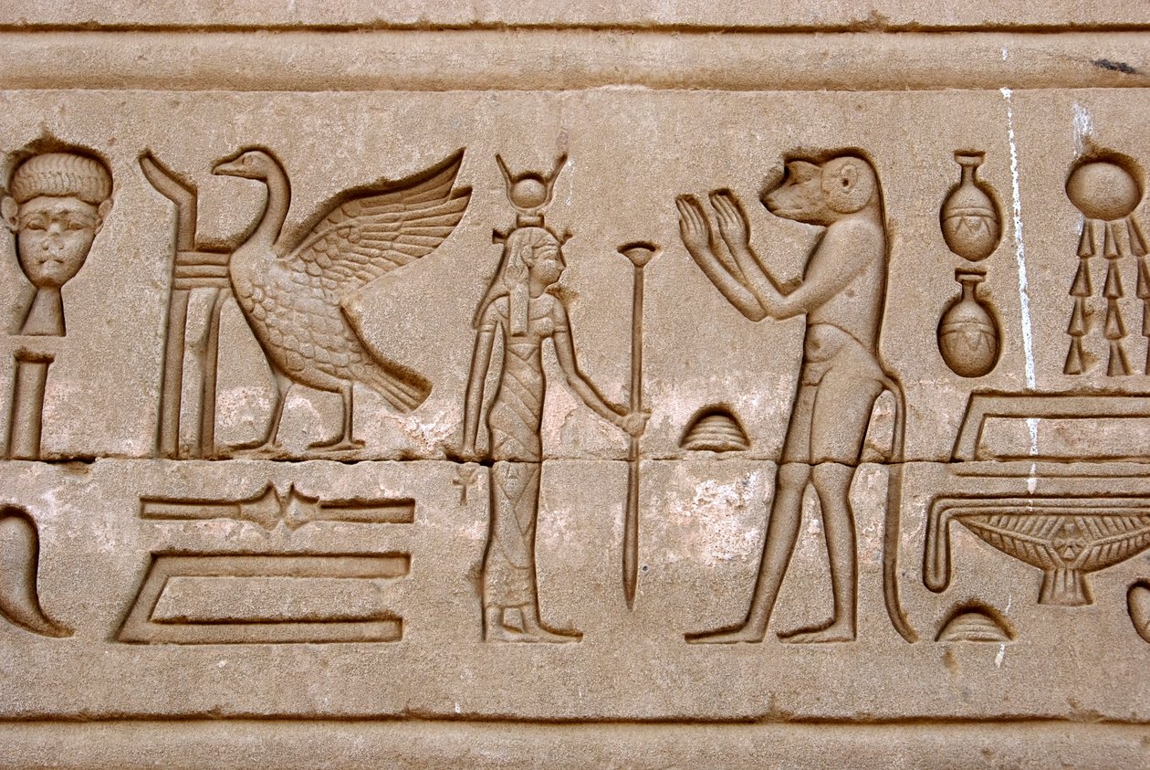 Egyptisk antikvitet: hieroglyfer på den østlige veggen til Hathor-tempelet, Denderah, Egypt - Egyptisk sivilisasjon: hieroglyfer skåret på veggen til Hathor-tempelet (eller Tentyra-tempelet) i Denderah, bygget under Pepi I (ca. 2250 f.Kr.) - Dendera Templ av Egyptian Ptolemaic Period