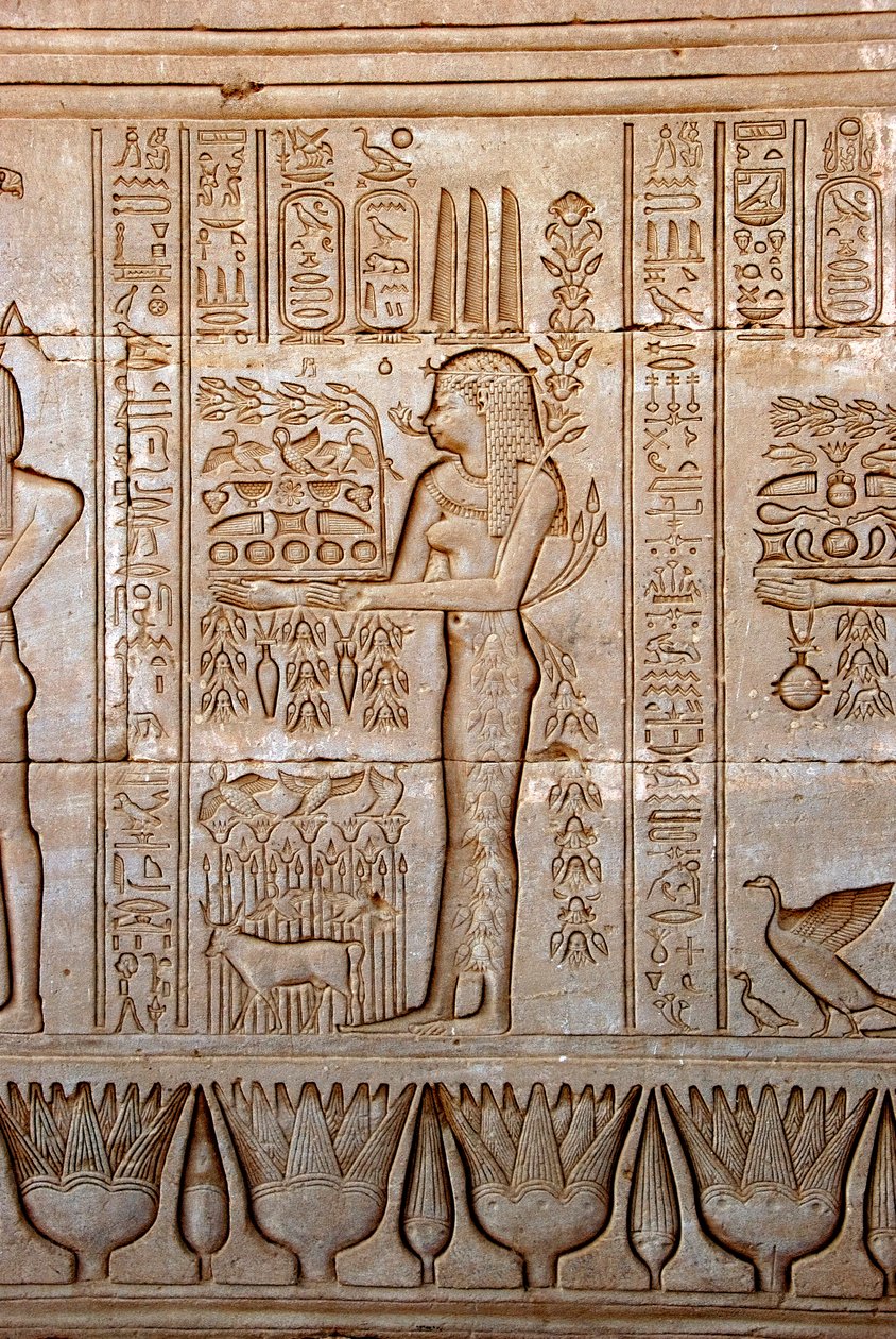 Egyptisk antikke: representasjon av en ung kvinne som bringer ofre som hyllest til gudinnen, Hathor-tempelet, Dendera, Egypt av Egyptian Ptolemaic Period