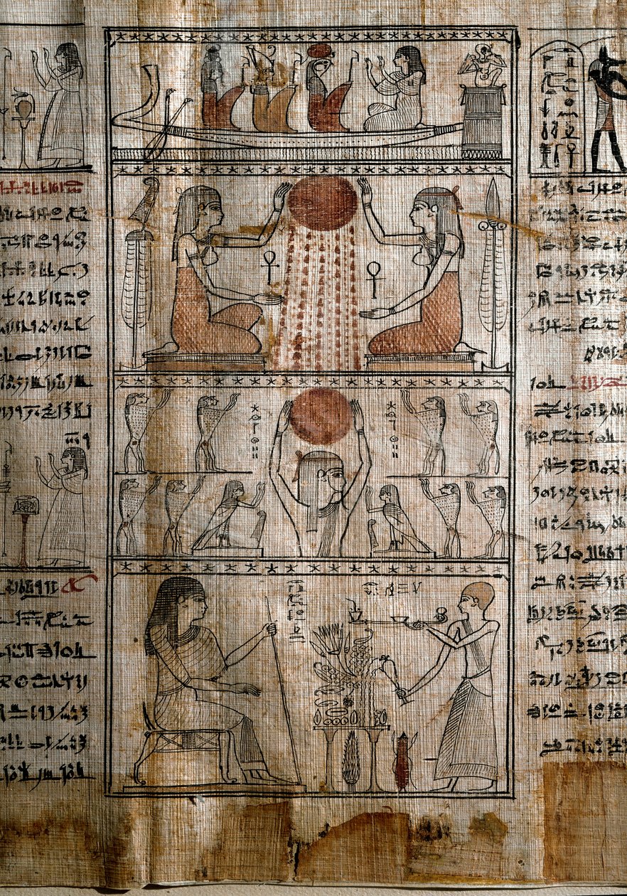 Egyptisk antikvitet: solsymbologi. papyrus av en dødebok. Ptolemaisk periode. Torino, egyptisk museum - Det gamle Egypt: solens livgivende kraft. Papyrus fra de dødes bok. Ptolemaisk periode. Egyptisk museum, Torino, Italia av Egyptian Ptolemaic Period