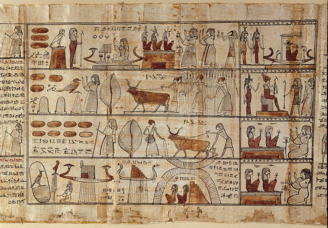Egyptisk antikvitet: Elysees-markene. Maleri på papyrus fra De dødes bok. Ptolemaiske perioden Torino, egyptisk museum - Det gamle Egypt: de elysiske feltene. Maleri på papyrus fra De dødes bok. Ptolemaisk periode. Egyptisk museum, Torino, It av Egyptian Ptolemaic Period