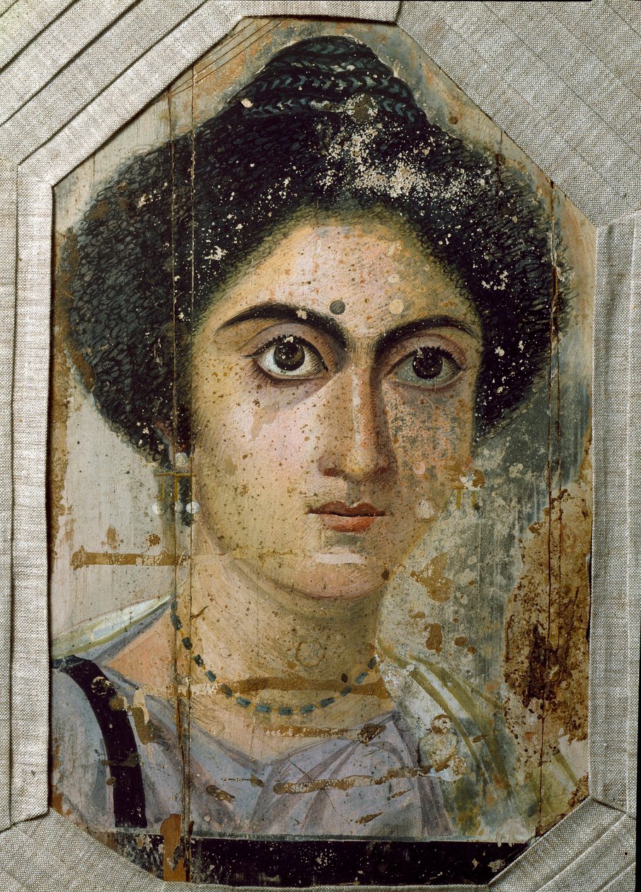 Egyptisk antikvitet: begravelsesportrett av en kvinne. Maling på tre. Slutten av det 2. århundre. Fra Fayum (Fayum) i Egypt. Firenze, museo archeologico av Egyptian School