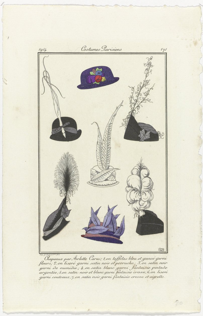 Tilbehør Journal des Dames et des Modes, Costumes Parisiens, 1914, nr. 171: Hats av Arlett (...) av Eiger