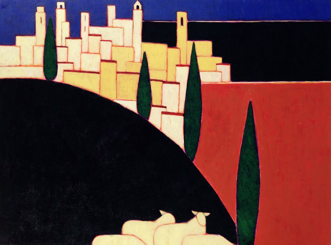 San Gimignano med sauer, 1999 (akryl på papir) av Eithne Contemporary Artist Donne