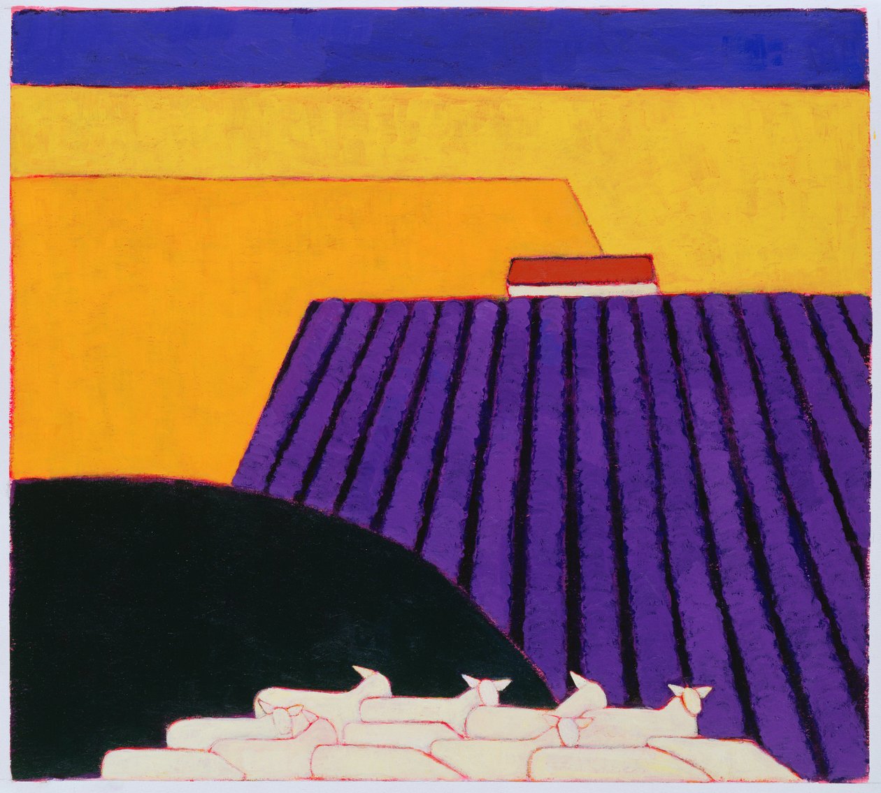 Sheep and Lavender Fields, 2004 (akryl på papir) av Eithne Contemporary Artist Donne