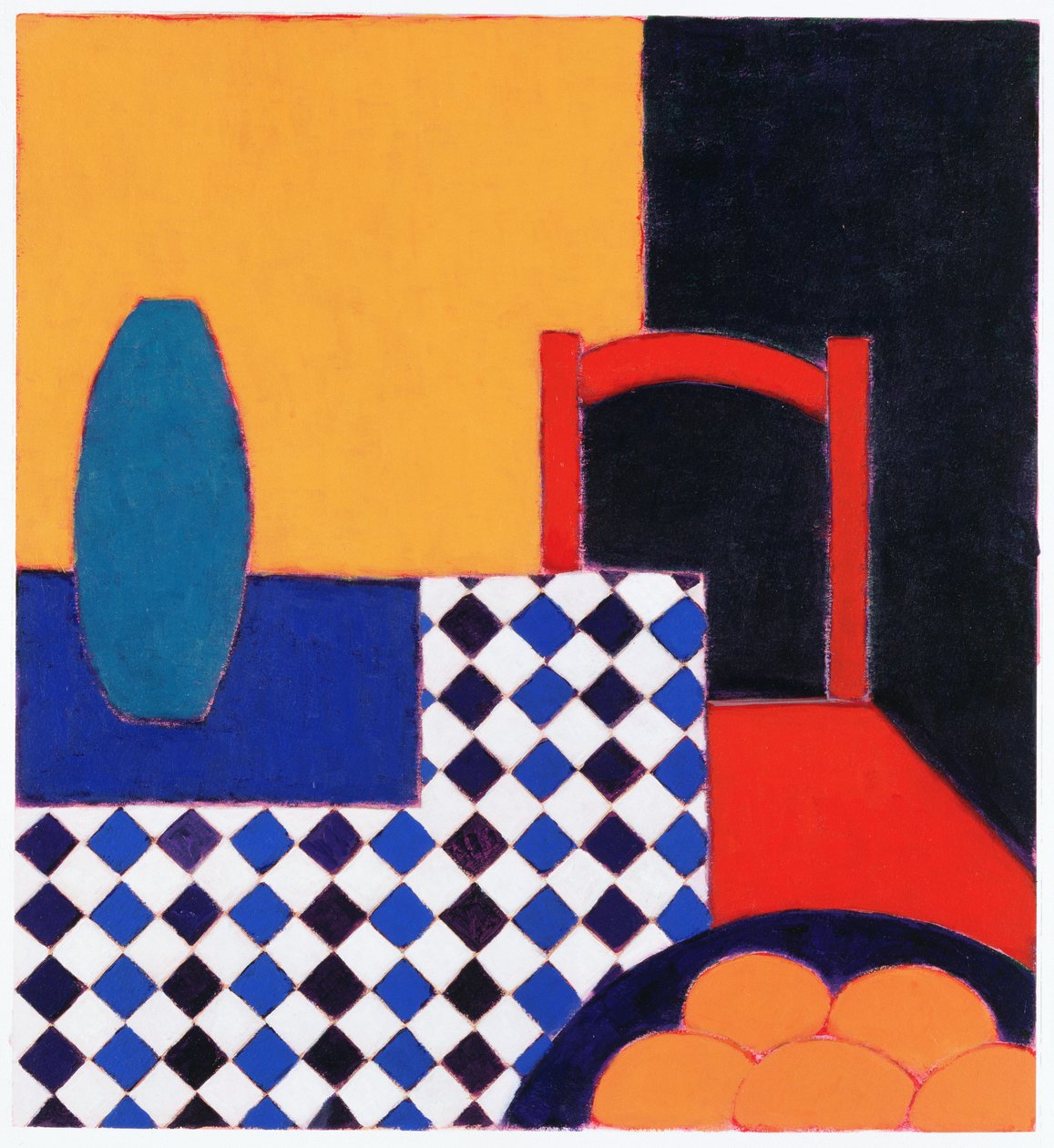 Stilleben med rød stol, 2002 (akryl på papir) av Eithne Contemporary Artist Donne