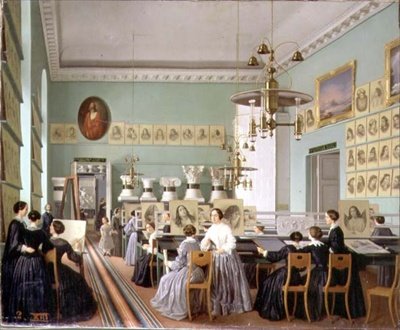Interiør av kvinneavdelingen ved St. Petersburg tegneskole av Ekaterina Nikolaevna Khilova