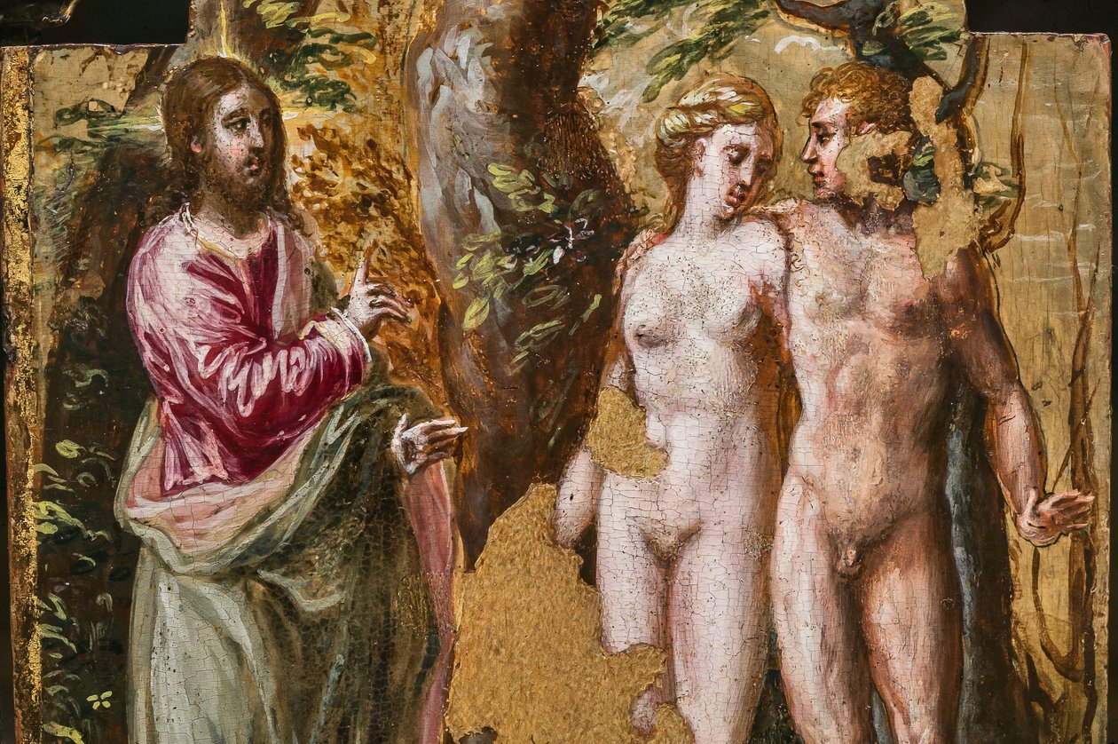 Bærbar alterbakside: Adm og Eva vendt mot den evige far, detalj av 2384587 (tempera grassa på panel) av El Greco