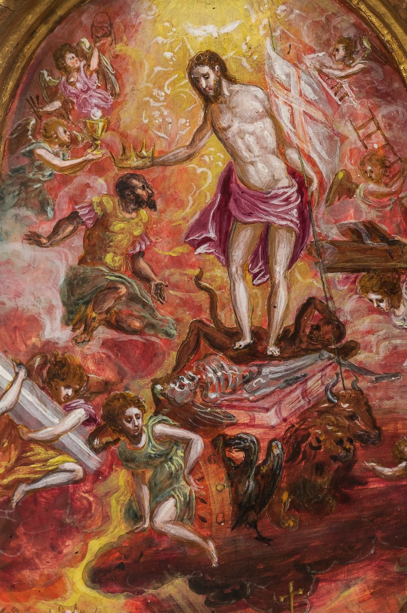 Bærbart alter: sentralpanel som viser en allegori om den kristne ridder, detalj av 2384586 (tempera grassa på panel) av El Greco