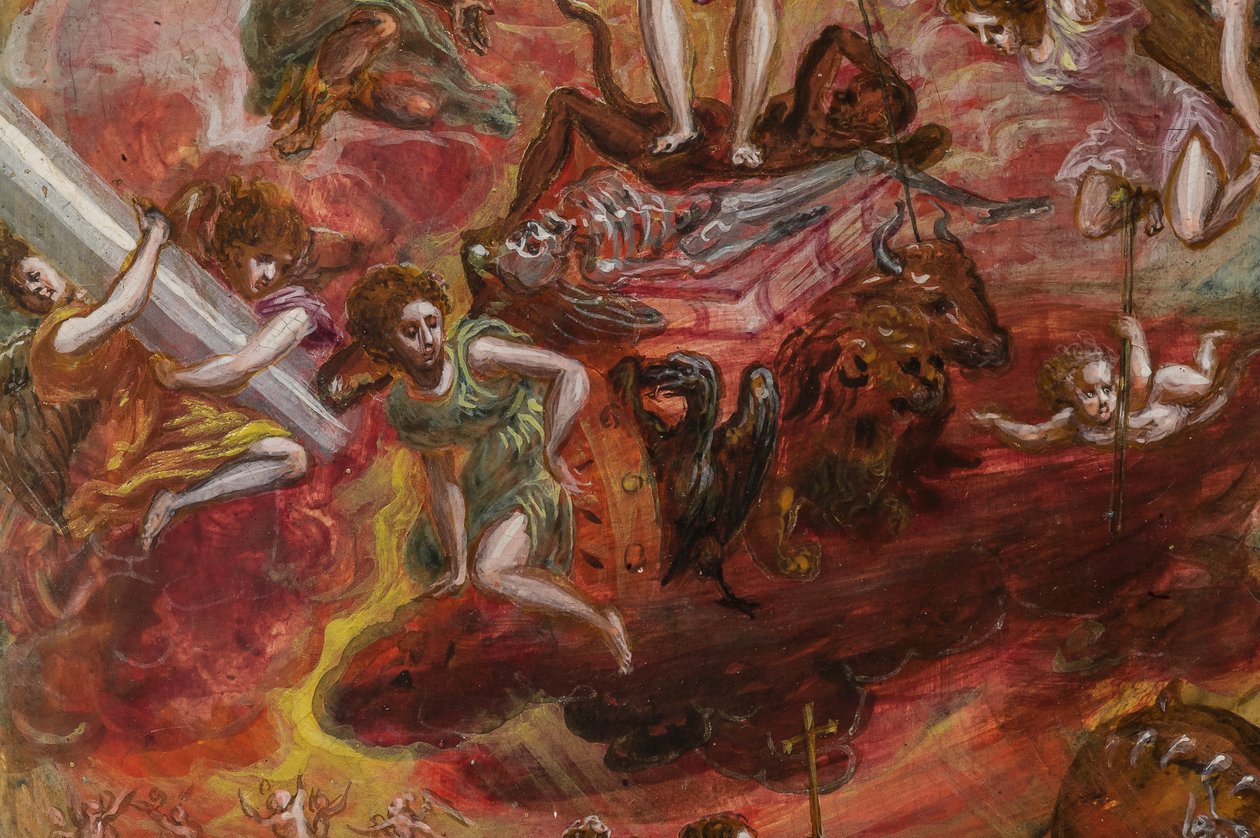 Bærbart alter: sentralpanel som viser en allegori om den kristne ridder, detalj av 2384586 (tempera grassa på panel) av El Greco