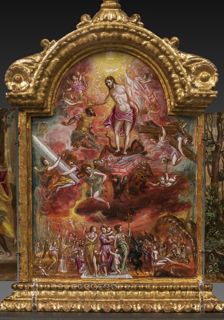 Bærbart alter: sentralpanel som viser en allegori om den kristne ridder, detalj av 2384586 (tempera grassa på panel) av El Greco